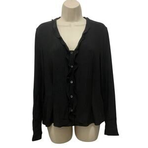 Jones New York 100% Silk Black Ruffle Button Blouse Womens 8 Classic Career